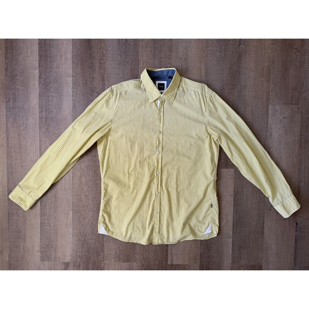 HUGO BOSS Modern Essentials Light Green Gingham Check Shirt Men's L Regular Fit